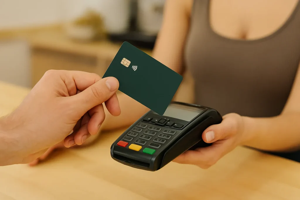 Close-up of contactless cards transaction in a retail setting, showing a green card being tapped on a black POS terminal held by a cashier, with a blurred indoor background.