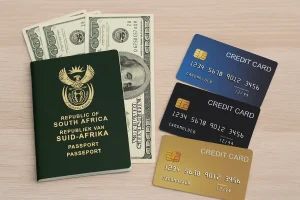South African passport with US dollars and three credit cards arranged on a wooden table, symbolizing international shopping.