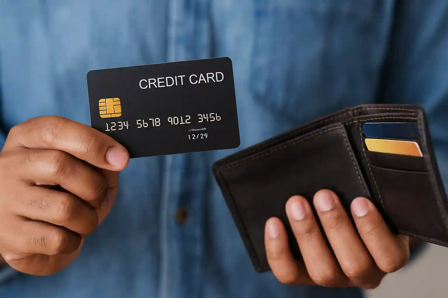 Person holding a credit card in South Africa with a brown leather wallet containing multiple cards.