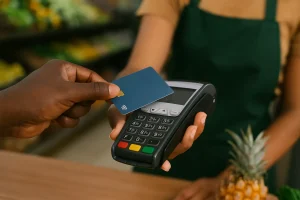 Close-up of contactless cards payment in a grocery store, with a person holding a blue card above a black POS terminal, fresh produce blurred in the background.