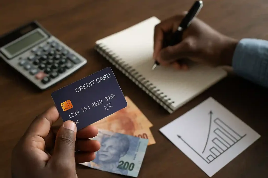 Close-up of hands holding a credit card in South Africa with banknotes, calculator, and financial notes on a wooden desk.
