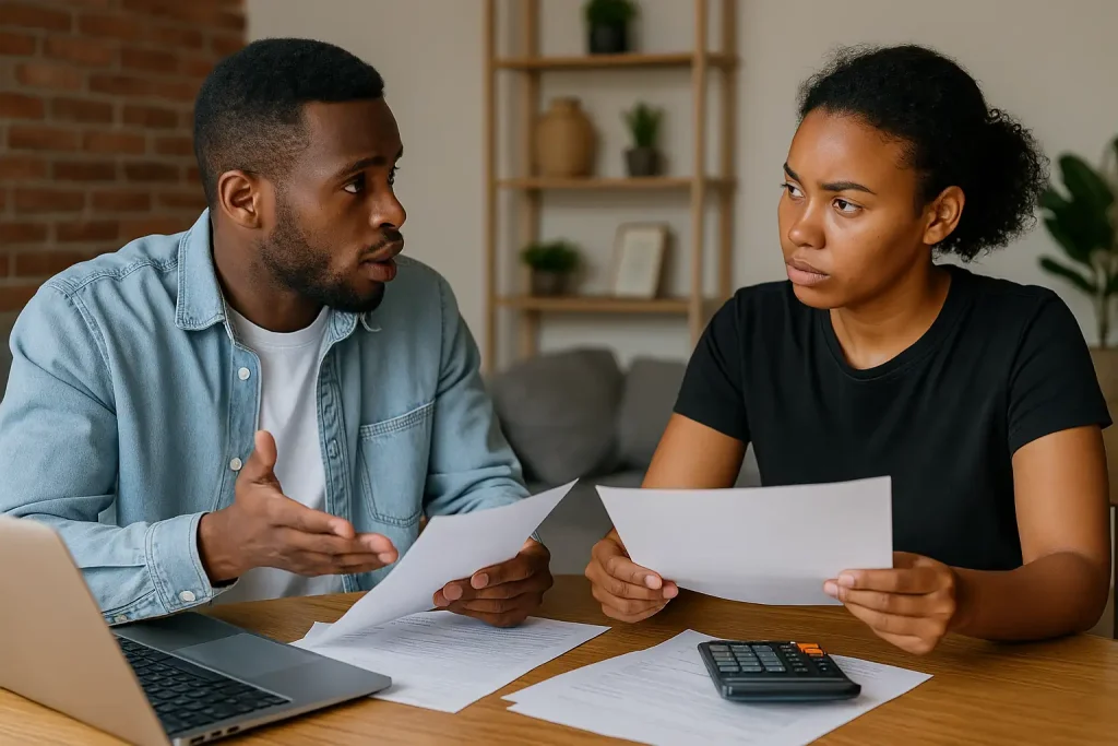 An African couple sitting at a table with papers and a laptop, discussing how to negotiate debt in South Africa.