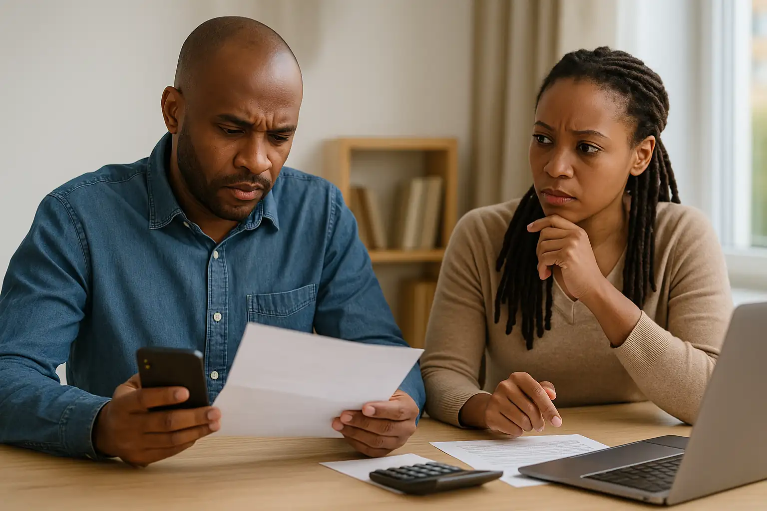 An African couple reviewing documents and using a calculator, focusing on how to negotiate debt in South Africa.