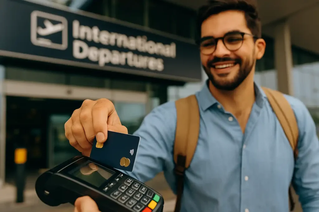 Traveler using credit cards for contactless payment at an international airport departure area, representing global shopping convenience.