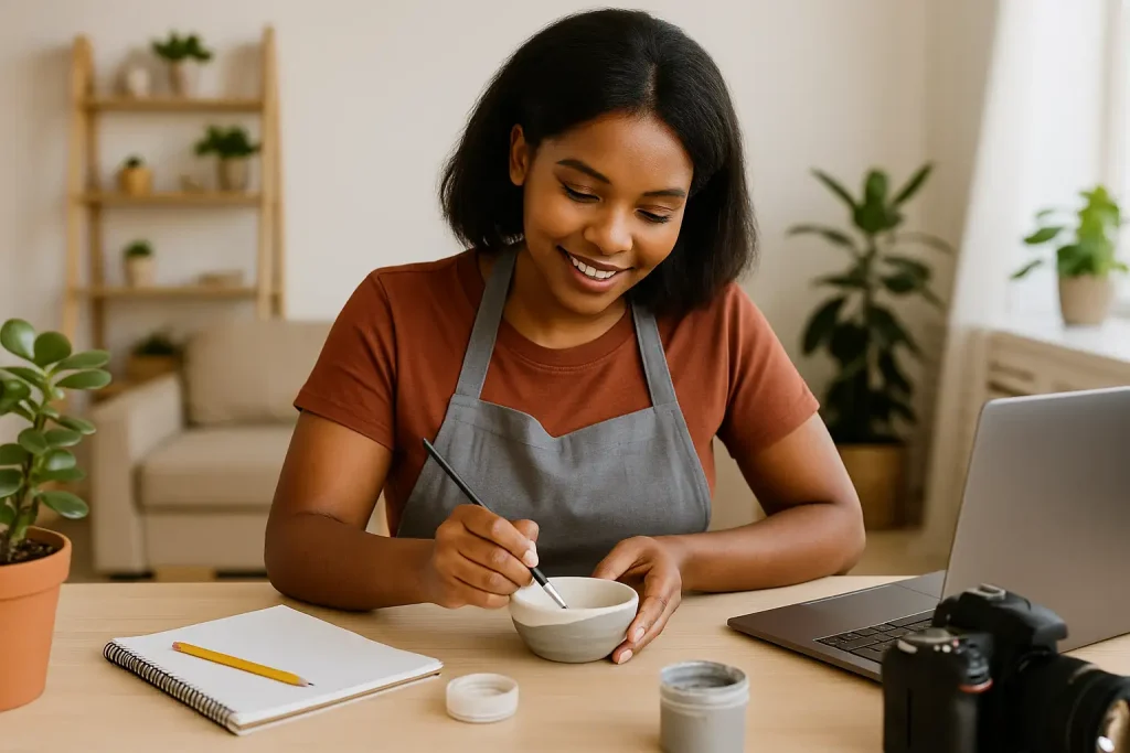 A young South African woman painting a ceramic bowl at home, illustrating how creativity and hobbies can generate extra income in South Africa.