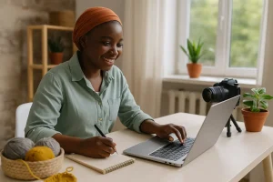 A young South African woman working from home with crafts, yarns and a laptop, showing how hobbies can create extra income in South Africa.
