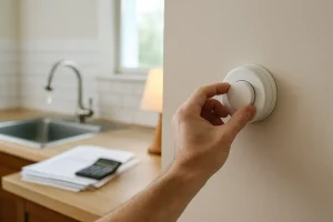A realistic photo of a hand adjusting a home thermostat and a dripping faucet, symbolizing ways to save on energy and water at home.