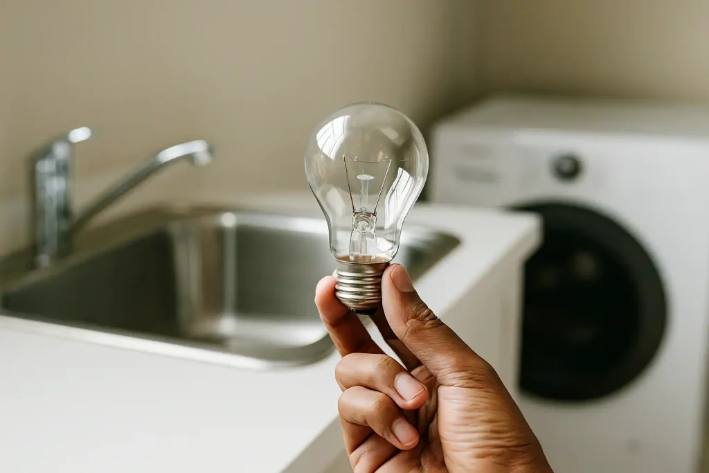 A close-up photo of a hand holding a light bulb near a sink, illustrating sustainable choices to save on energy and water in daily life.