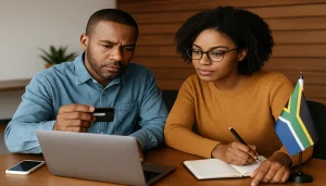 Two Black freelancers discussing credit cards for freelancers in a professional workspace with a laptop and credit card on the table.