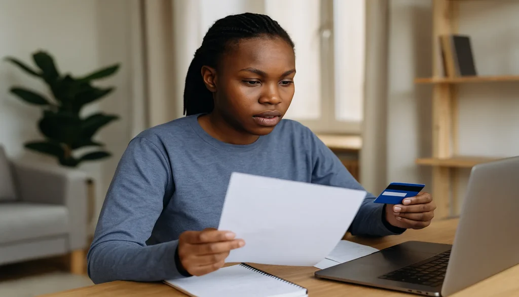 Black self-employed woman reviewing documents and holding a card, illustrating the use of credit cards for freelancers in South Africa.