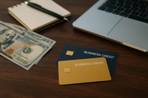 A realistic photo of a desk with business credit cards, laptop, and receipts representing financial management for small businesses.