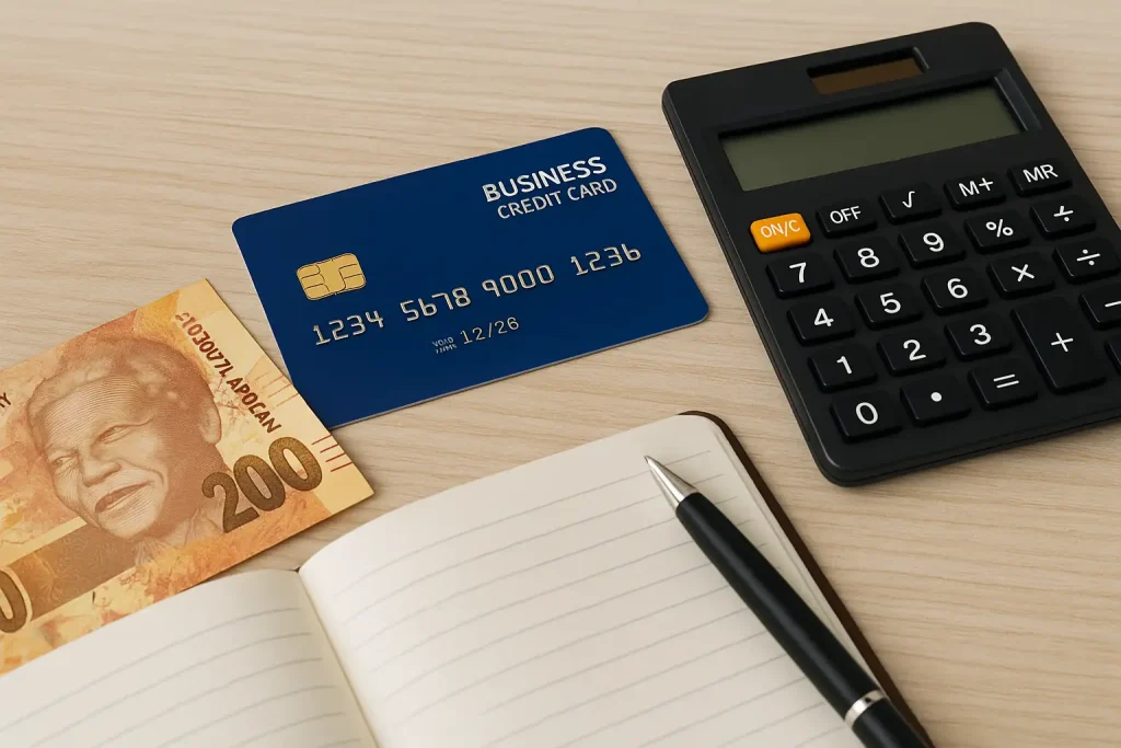 A realistic photo showing business credit cards, South African Rand, and calculator symbolizing small business financial planning.