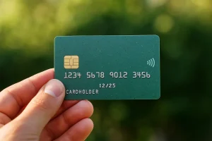 A person holding an eco-friendly credit cards made from sustainable material against a blurred green background.