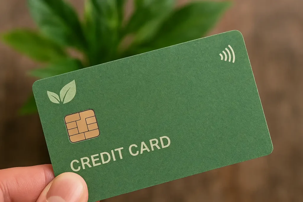 Close-up of an eco-friendly credit cards with a leaf symbol, held in front of a plant on a wooden surface.