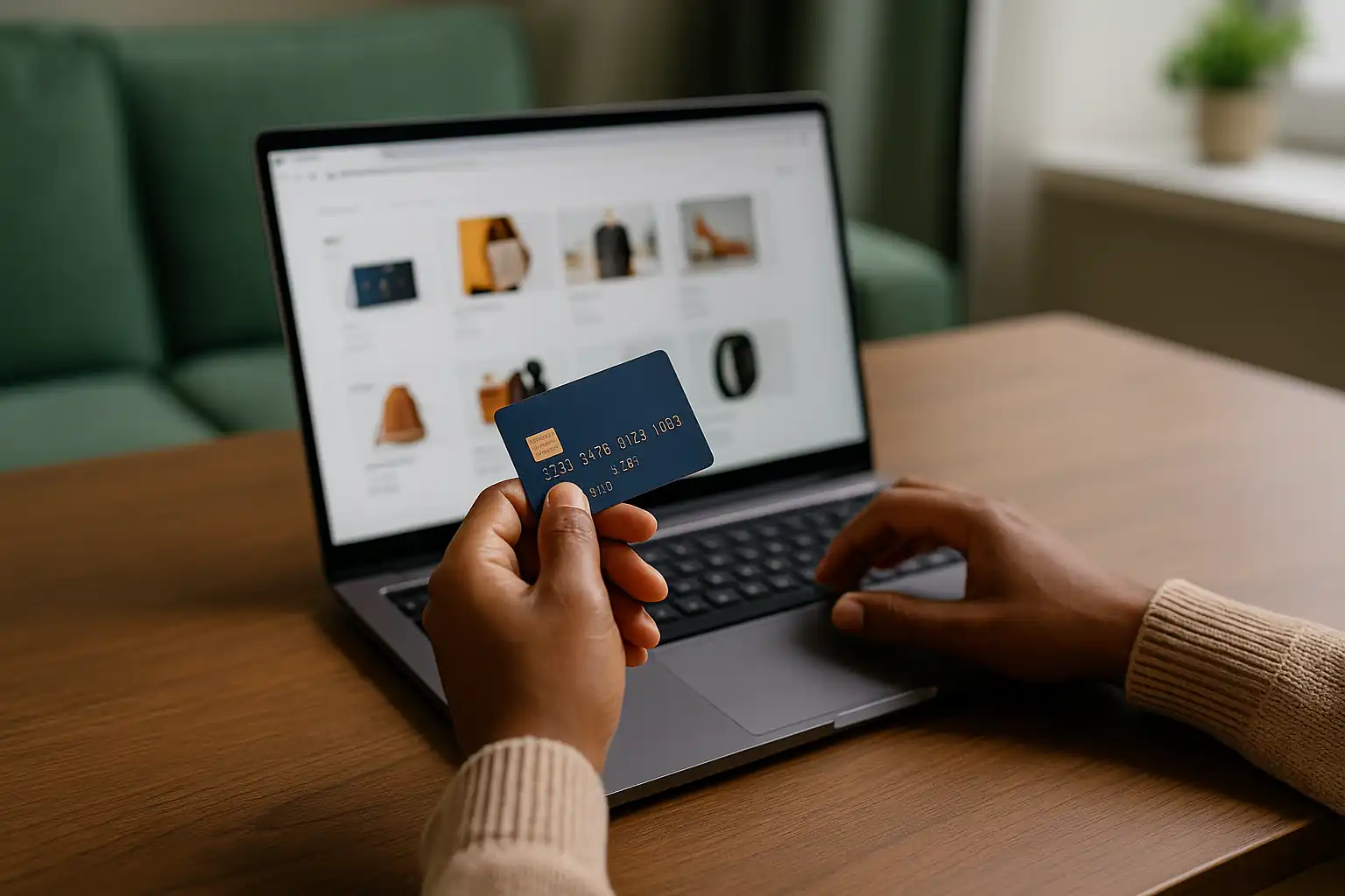 A person making an online shopping payment on a laptop with a credit card, highlighting security and safe transactions.