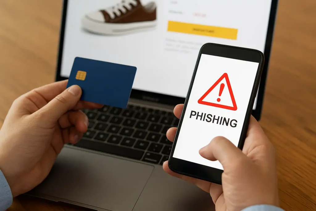 Online shopping warning showing a phishing alert on a smartphone while holding a credit card in front of a laptop.