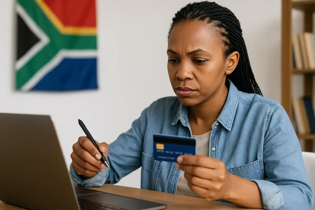 Credit card limit in South Africa illustrated by a woman holding a credit card while using a laptop at home.