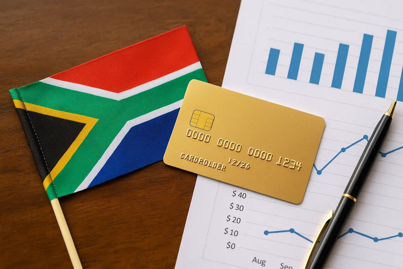 Credit card limit in South Africa represented with a credit card, financial report, and South African flag on a desk.