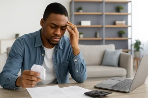 A young South African man stressed over bills and documents at home, illustrating the financial pressure caused by youth unemployment.