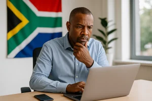 A South African man using a laptop in a bright office, symbolising awareness and protection against deepfake financial scams.