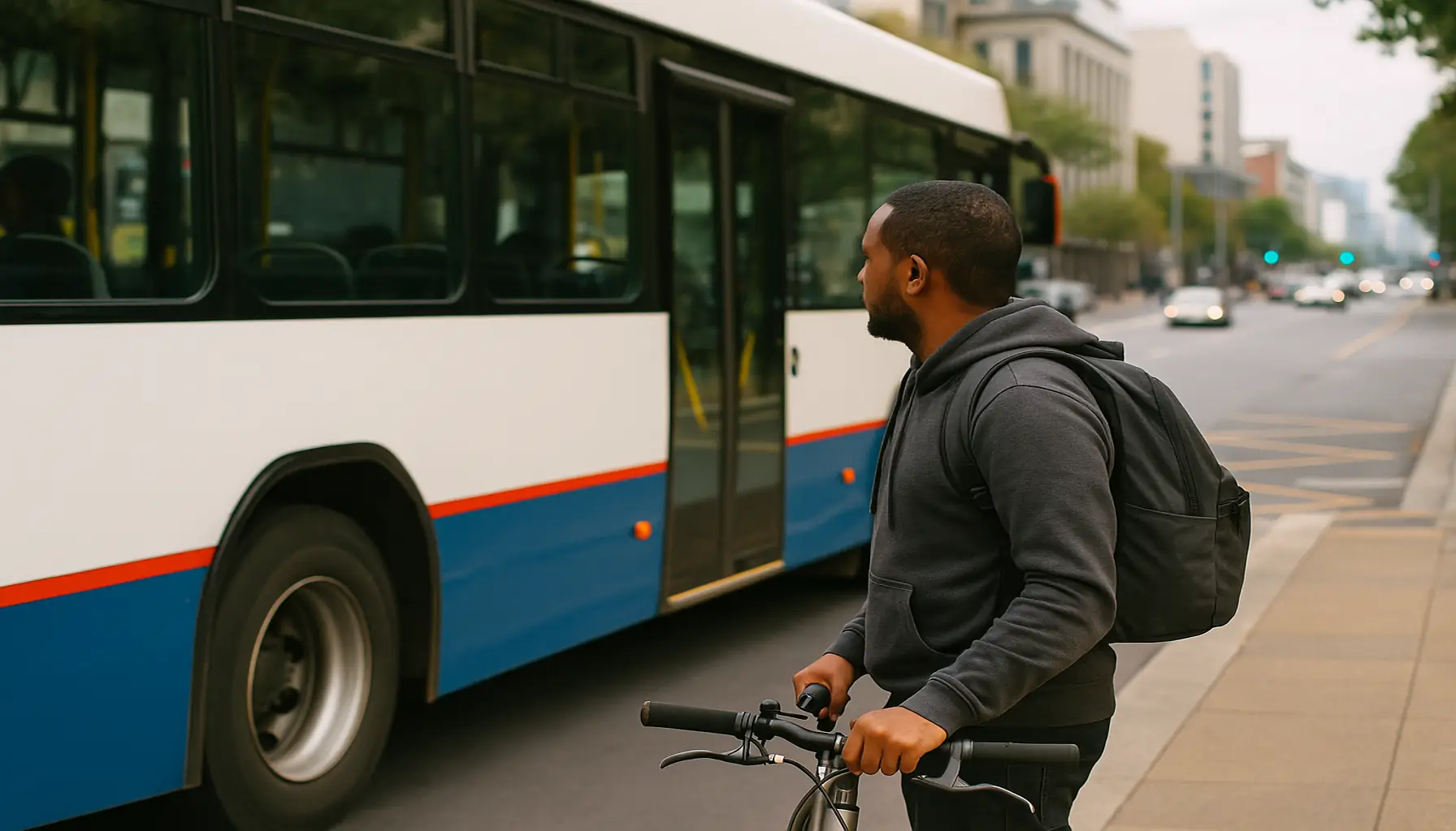 A commuter holding a bicycle at a bus stop, symbolizing efforts to manage public transport and fuel costs in South Africa through sustainable mobility.
