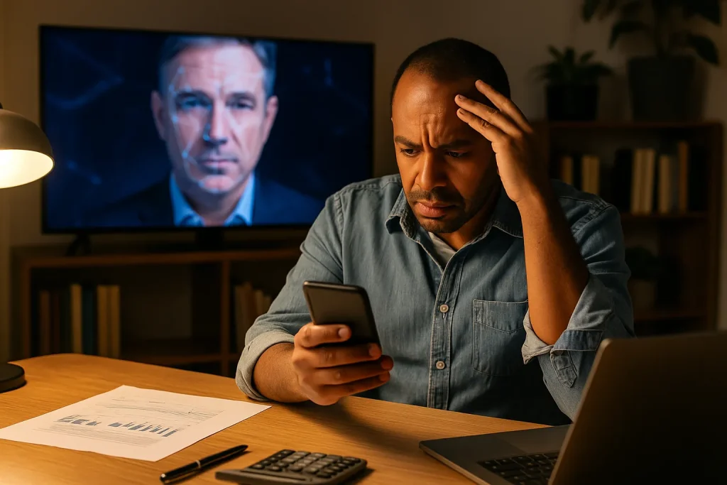 A South African person working late on a laptop, surrounded by digital security lights, representing vigilance against deepfake financial scams.