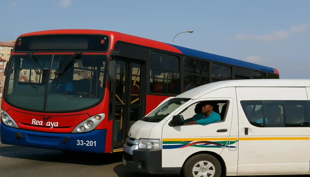 A busy South African street with buses and taxis representing the impact of rising public transport and fuel costs in South Africa on daily commuters.