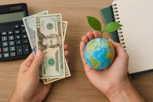 Hands holding money and a small globe with a plant sprout, symbolizing a sustainable household budget focused on eco-friendly financial habits.