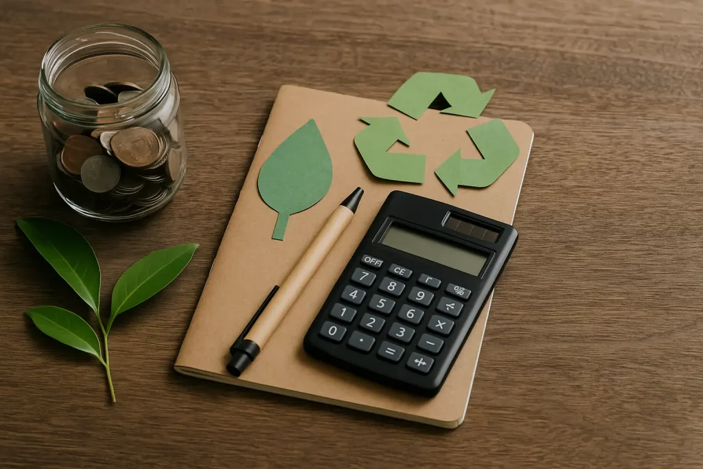 Eco-friendly items like coins, a notebook, and a calculator arranged on a wooden surface, illustrating practical steps for a sustainable household budget.