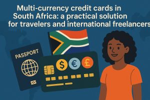 Flat-style illustration about multi-currency credit cards in South Africa. A dark blue background features a large headline at the top reading: ‘Multi-currency credit cards in South Africa: a practical solution for travelers and international freelancers.’ In the center-left, a passport icon and a large credit card appear side by side, suggesting international travel and cross-border payments. The credit card displays currency symbols for the dollar, euro, and pound, emphasizing multi-currency use. Behind them, the South African flag is partially visible, grounding the theme in South Africa. On the right, an illustrated woman with curly hair and an orange shirt smiles, representing a traveler or freelancer benefiting from flexible foreign-currency spending. The overall composition highlights convenience for global expenses and income.