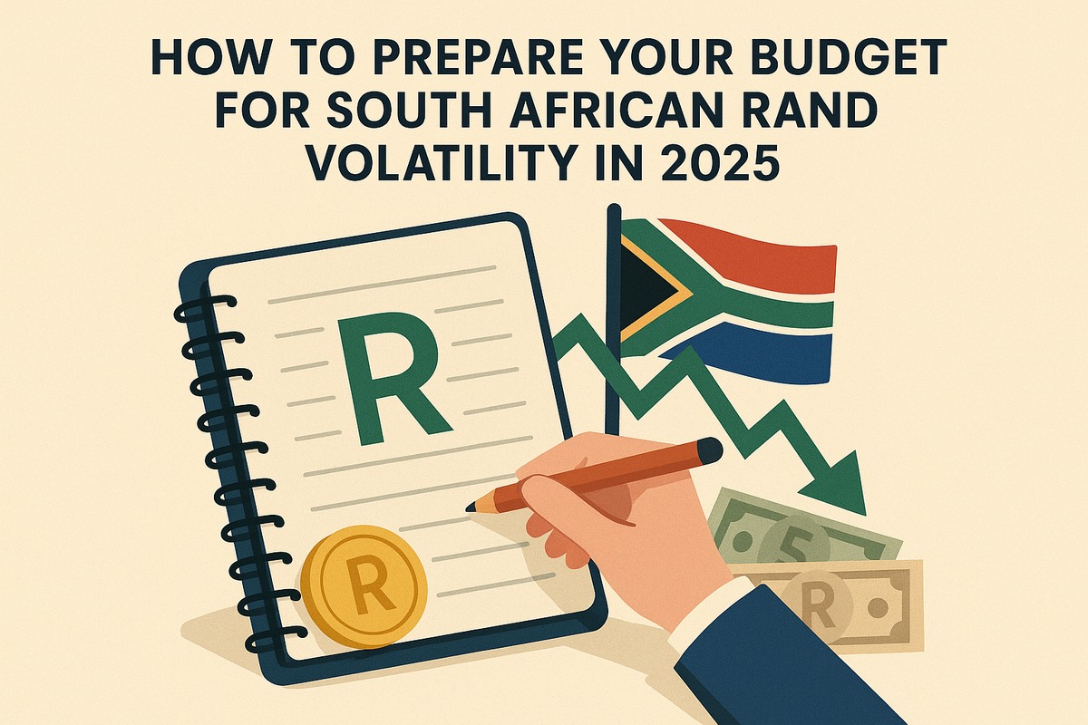 Flat-style illustration about preparing a budget for South African rand volatility in 2025. At the top, bold uppercase text reads: ‘How to Prepare Your Budget for South African Rand Volatility in 2025.’ In the center-left, a spiral notebook with lined pages shows a large green letter ‘R’ and a rand coin symbol, representing the local currency. A hand holding a pencil writes on the notebook, suggesting financial planning. Behind the notebook, the South African flag is visible, anchoring the context. A jagged green downward arrow runs from the flag toward the lower right, indicating exchange-rate swings and potential depreciation. South African banknotes appear at the bottom right, reinforcing money and budgeting. The beige background and simple shapes emphasize practical financial preparation.