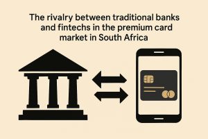 Minimalist infographic on a beige background showing the title ‘The rivalry between traditional banks and fintechs in the premium card market in South Africa.’ On the left, a black icon of a classical bank building with columns; on the right, a black smartphone icon displaying a digital credit card. Between them, two large opposing arrows indicate competition or exchange between traditional banks and fintechs.