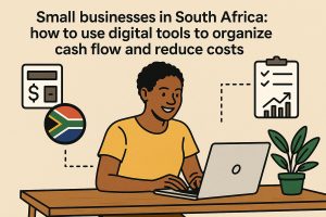 Illustrated infographic on a beige background titled ‘Small businesses in South Africa: how to use digital tools to organize cash flow and reduce costs.’ At center, a smiling illustrated person with short curly hair wears a yellow shirt and works on a laptop at a desk. To the left, an icon of a calculator and a circular South African flag suggest finance and local context. To the right, a clipboard with checkmarks and an upward-trending chart indicates planning and growth. A small potted plant sits on the desk, reinforcing a small-business, home-office feel. Dotted connector lines link the icons to the person, implying digital tools supporting cash-flow organization and cost reduction.