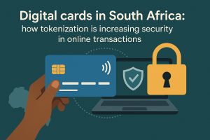 Infographic with a dark teal background titled ‘Digital cards in South Africa: how tokenization is increasing security in online transactions.’ In the foreground, an illustrated hand holds a blue contactless payment card with a chip and signal icon, positioned in front of a laptop. A shield icon with a checkmark appears near the laptop, and a large yellow padlock on the right symbolizes security. A subtle outline of the African continent is visible on the left, indicating the South Africa context. Dotted circular elements and connecting shapes suggest digital protection and tokenized online payments.
