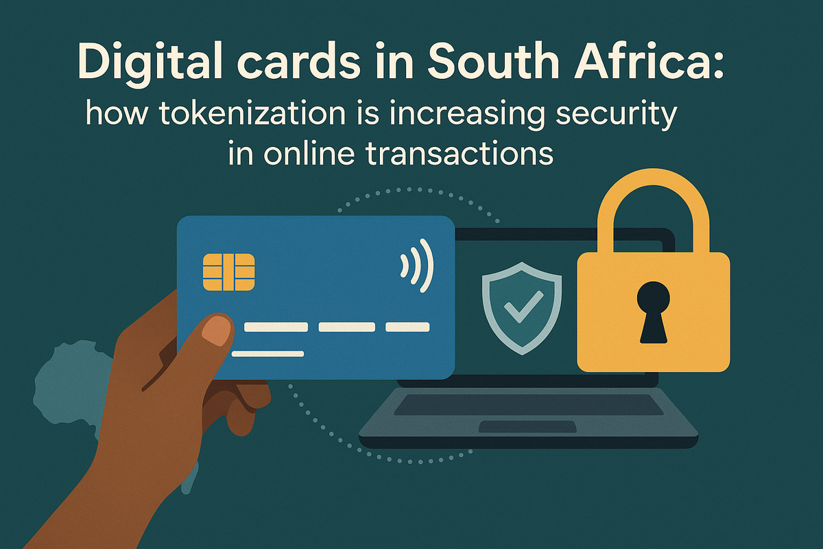 Infographic with a dark teal background titled ‘Digital cards in South Africa: how tokenization is increasing security in online transactions.’ In the foreground, an illustrated hand holds a blue contactless payment card with a chip and signal icon, positioned in front of a laptop. A shield icon with a checkmark appears near the laptop, and a large yellow padlock on the right symbolizes security. A subtle outline of the African continent is visible on the left, indicating the South Africa context. Dotted circular elements and connecting shapes suggest digital protection and tokenized online payments.